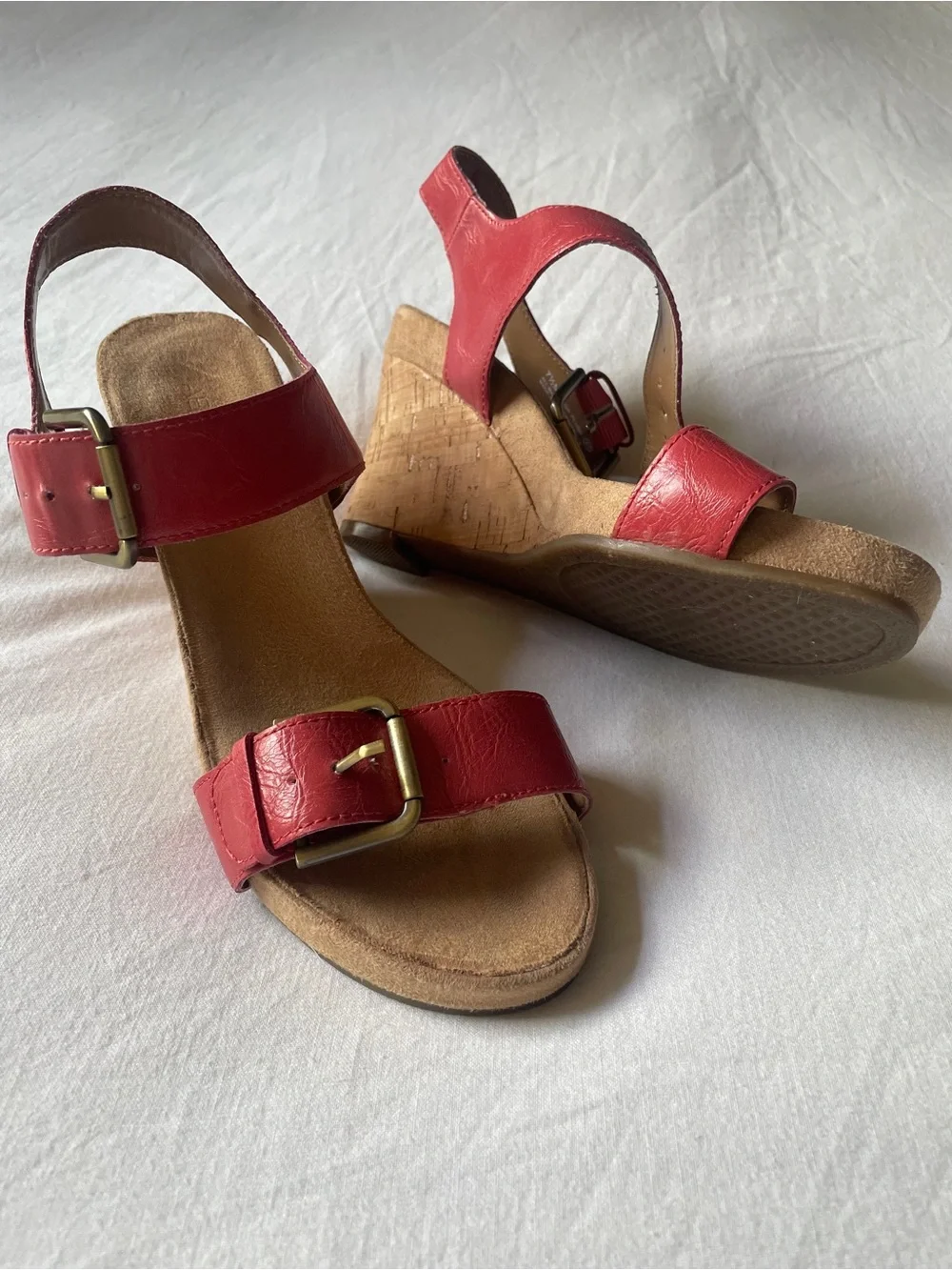 🎀AEROSOLES Red Leather Cork Wedge Sandals with Buckle